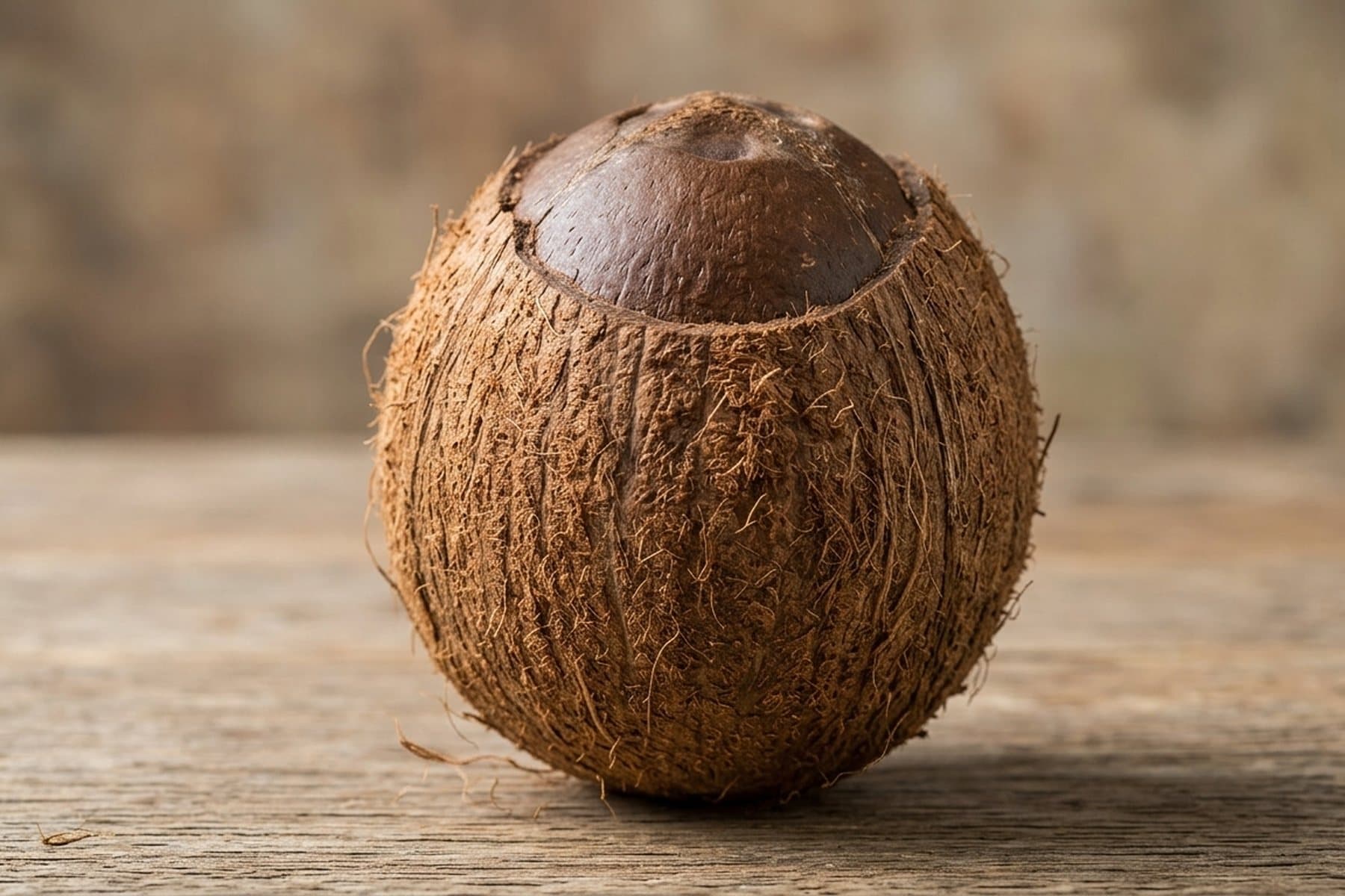 A coconut with the husk worn away at the top, on a wooden table
