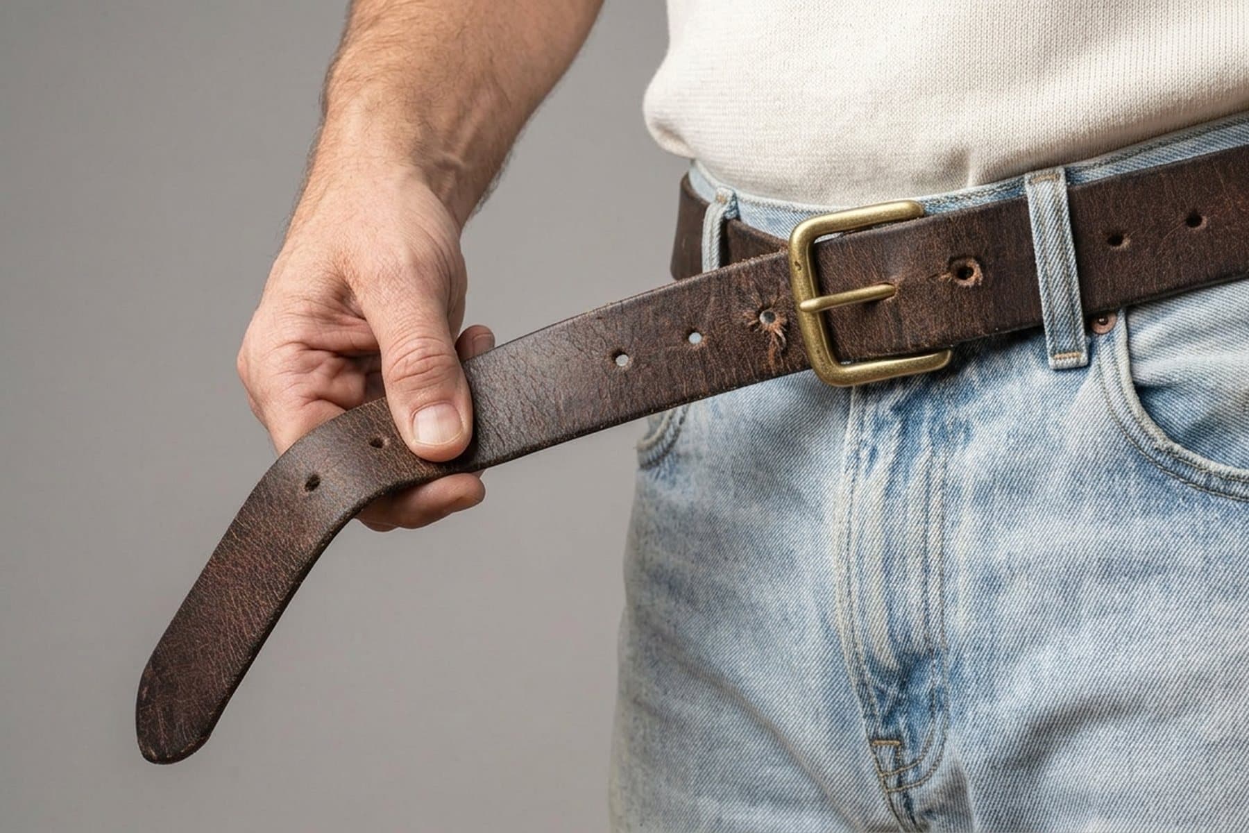 A man pulling in a leather belt at the waist of loose jeans